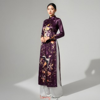 Áo dài lụa in họa tiết hoa lá/chim dài tay tím đậm M